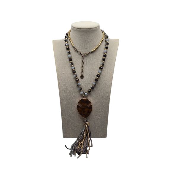 Boho Beaded Tassel Necklace with Brown Stone Pendant & Faceted Beads - Picture 1 of 6